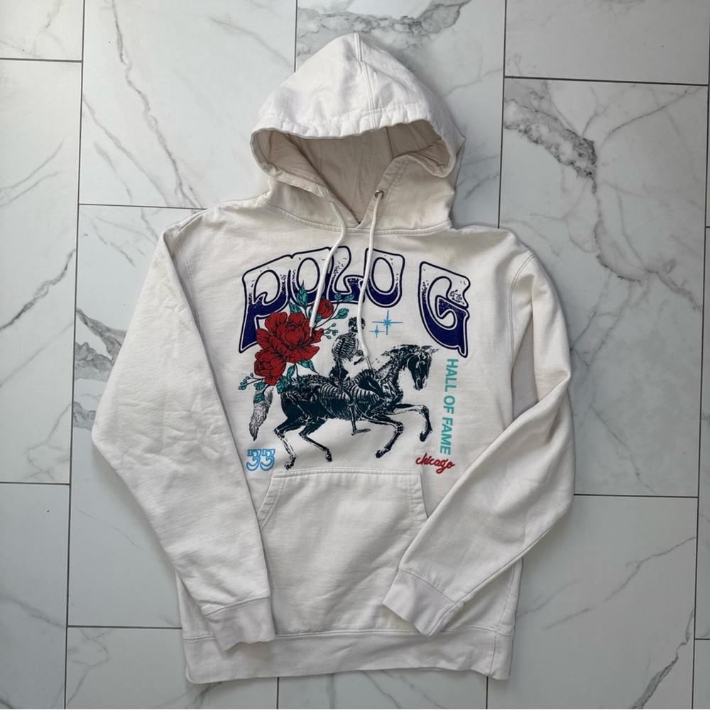 Y2K Polo G Pullover Hoodie Floral and Skeleton Graphic Chicago Cream